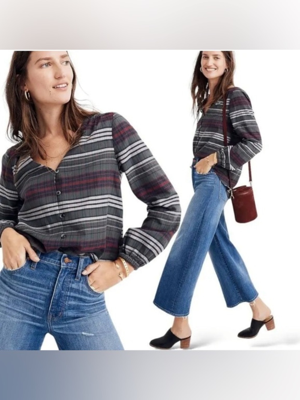 Madewell Gray and Burgundy Plaid Button-Front V-Neck Top